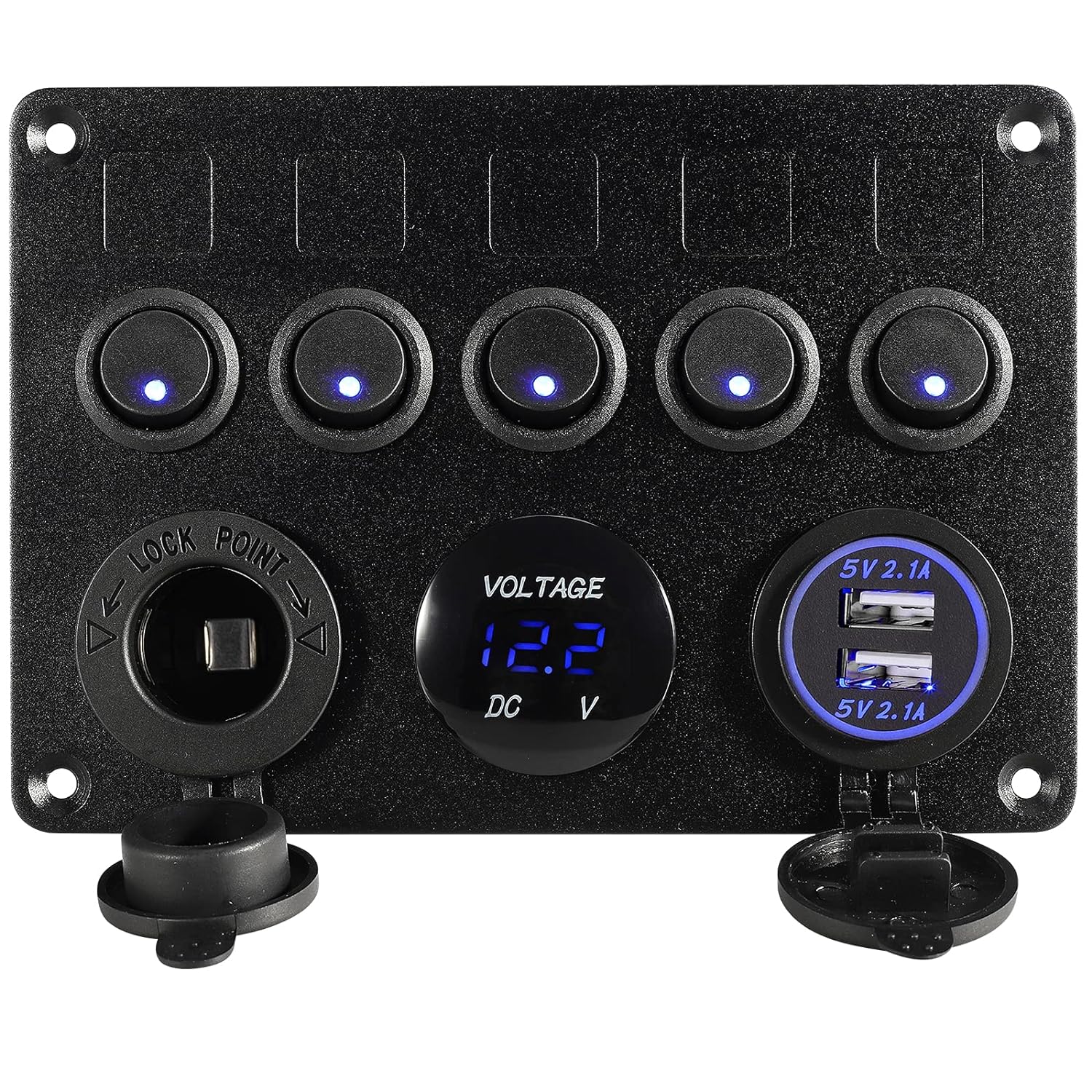 5 Gang Rocker Switch Panel 12V Waterproof for Car Pontoon Boat Yacht Truck RV Boat Marine Kayak, Toggle Led Aluminum Switch Panel Digital Voltmeter Display Dual USB Charger Port DC Socket