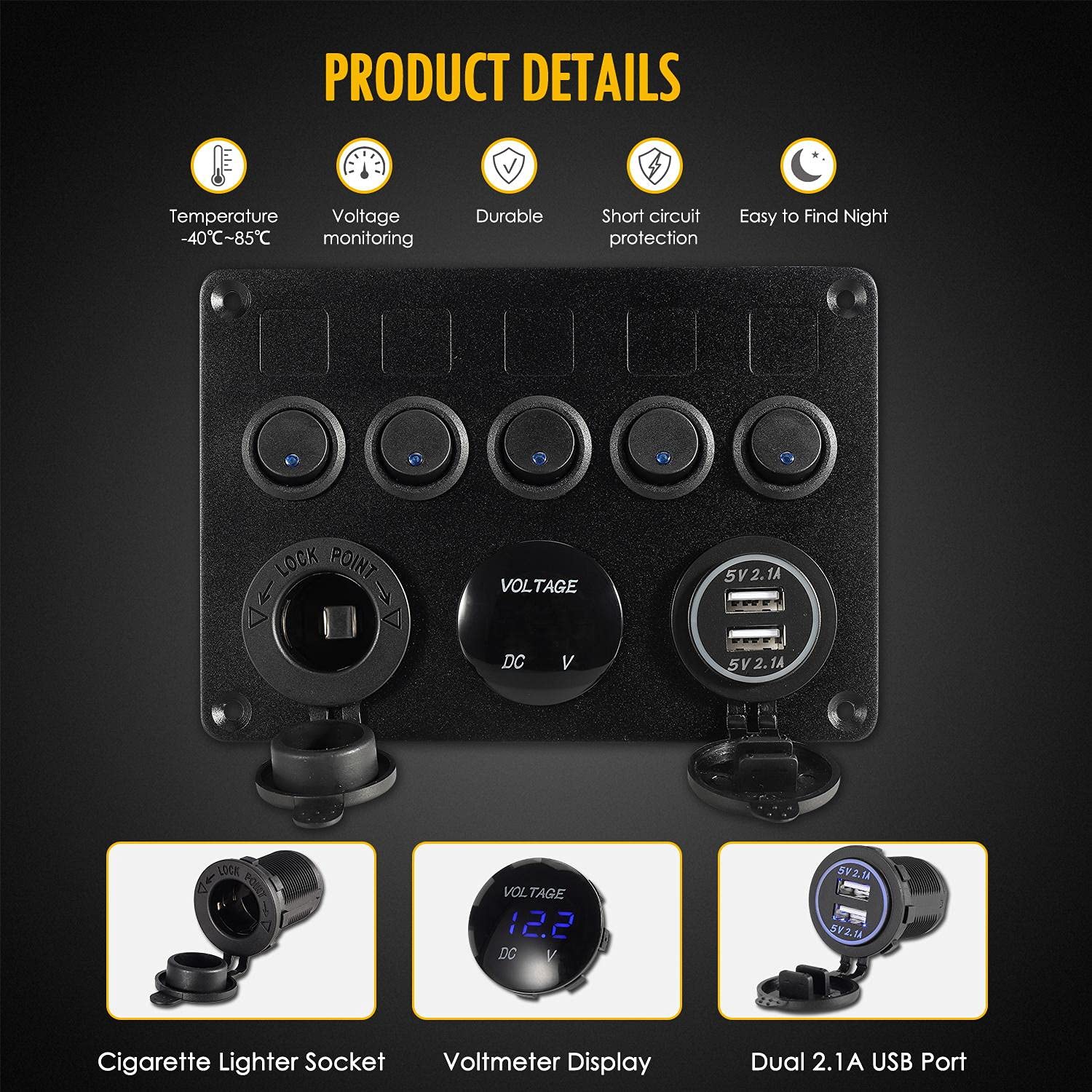 5 Gang Rocker Switch Panel 12V Waterproof for Car Pontoon Boat Yacht Truck RV Boat Marine Kayak, Toggle Led Aluminum Switch Panel Digital Voltmeter Display Dual USB Charger Port DC Socket