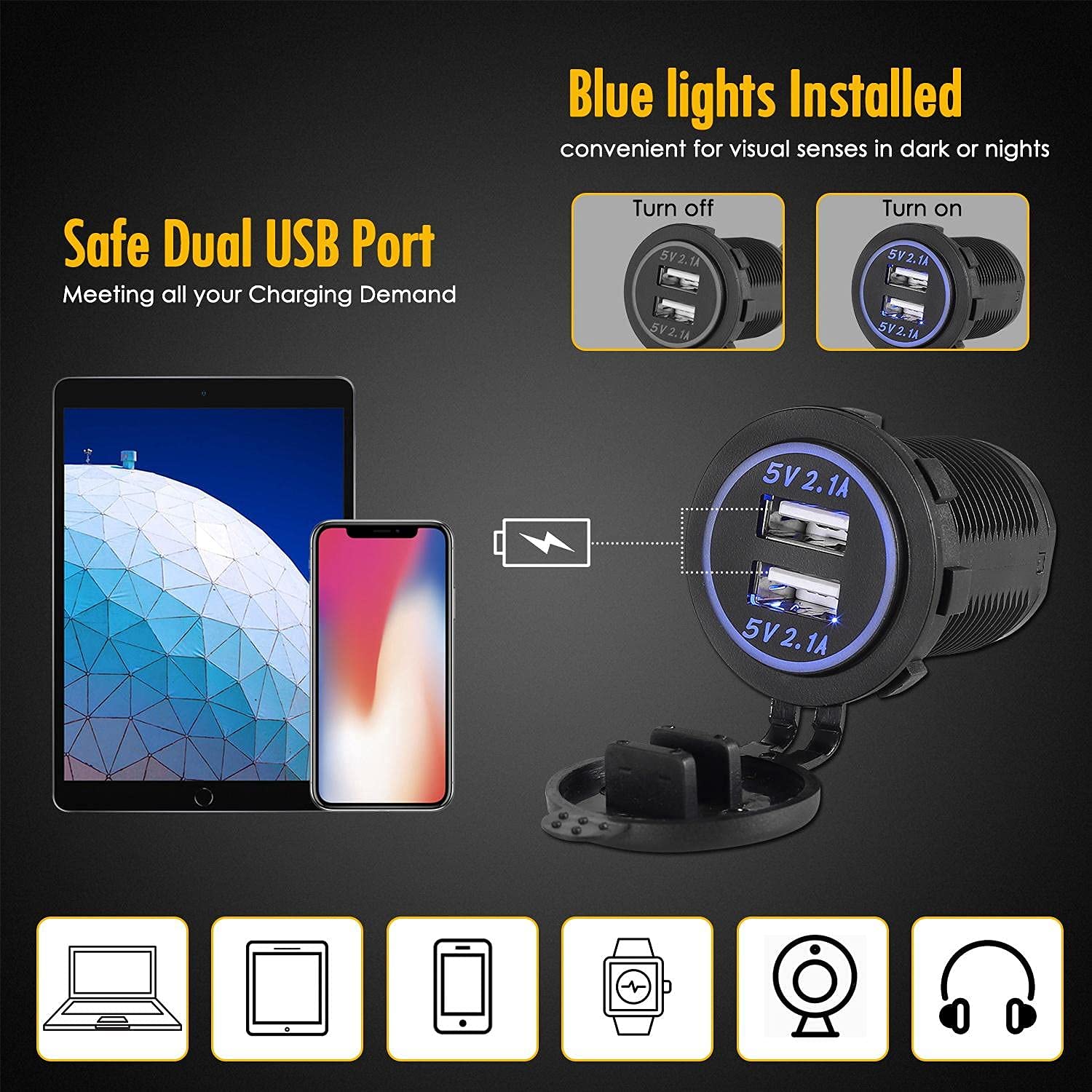 5 Gang Rocker Switch Panel 12V Waterproof for Car Pontoon Boat Yacht Truck RV Boat Marine Kayak, Toggle Led Aluminum Switch Panel Digital Voltmeter Display Dual USB Charger Port DC Socket