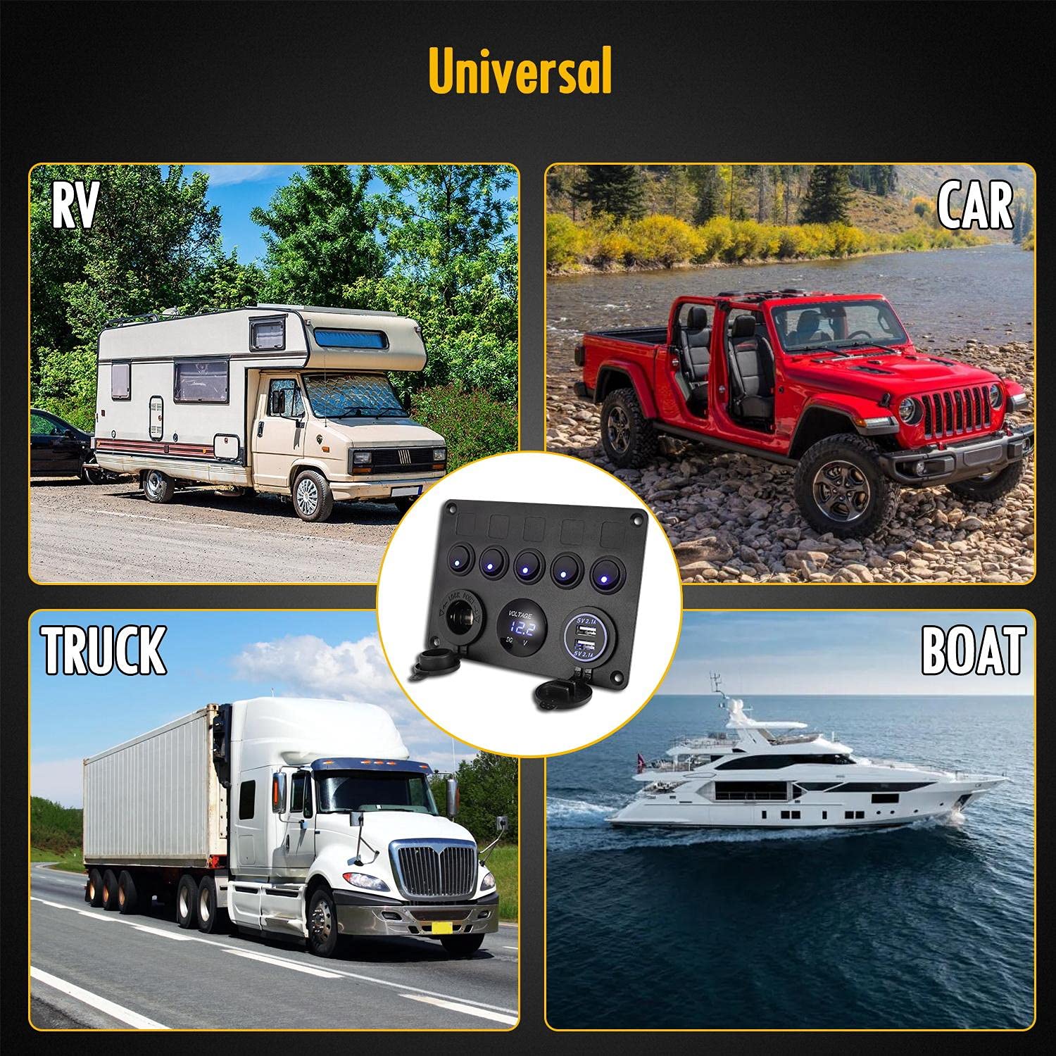 5 Gang Rocker Switch Panel 12V Waterproof for Car Pontoon Boat Yacht Truck RV Boat Marine Kayak, Toggle Led Aluminum Switch Panel Digital Voltmeter Display Dual USB Charger Port DC Socket