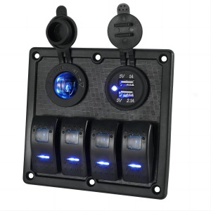 4 Gang Waterproof Marine Boat Rocker Switch Panel Toggle Switches for Car Rv Kayak Yacht Pontoon Boat Vehicles Truck with Dual USB Slot Socket Cigarette Lighter LED Light