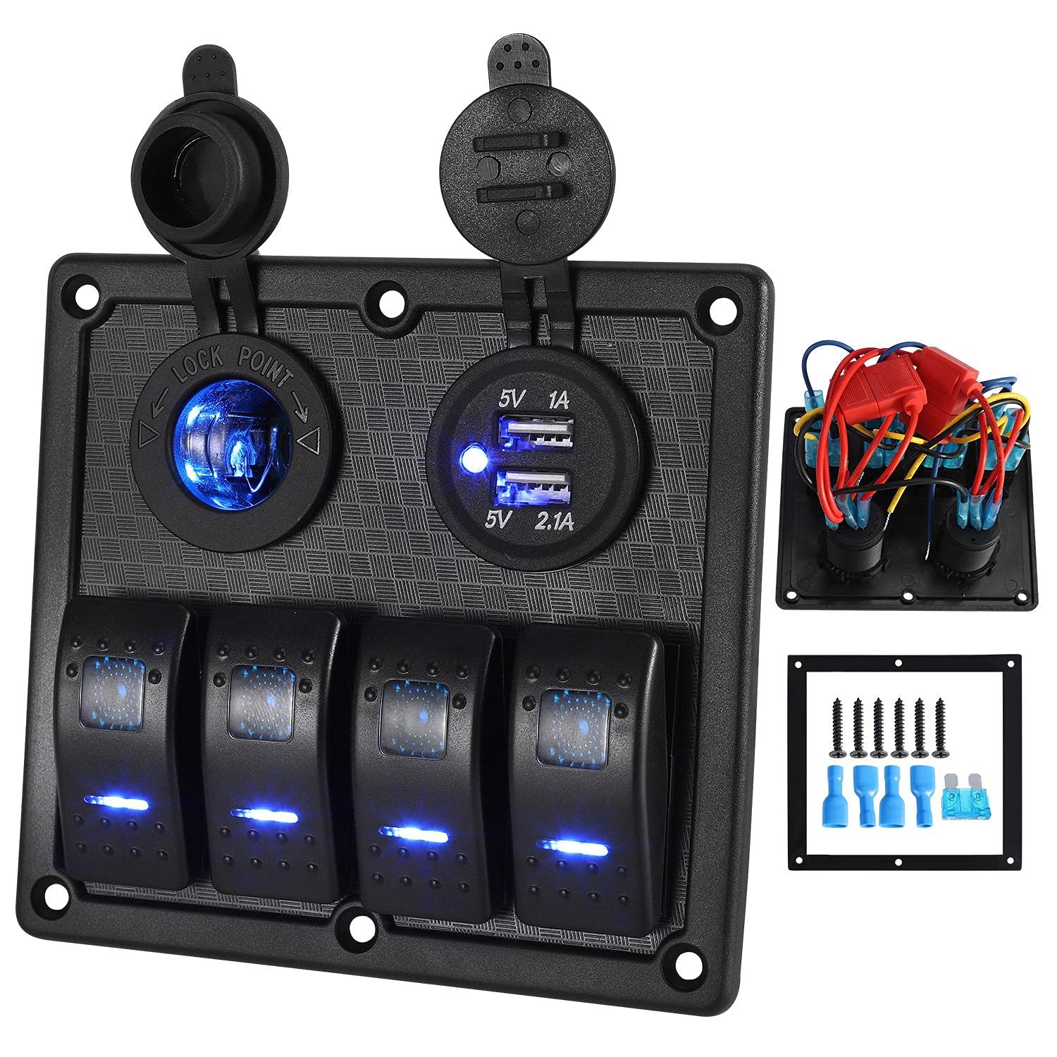 4 Gang Waterproof Marine Boat Rocker Switch Panel Toggle Switches for Car Rv Kayak Yacht Pontoon Boat Vehicles Truck with Dual USB Slot Socket Cigarette Lighter LED Light