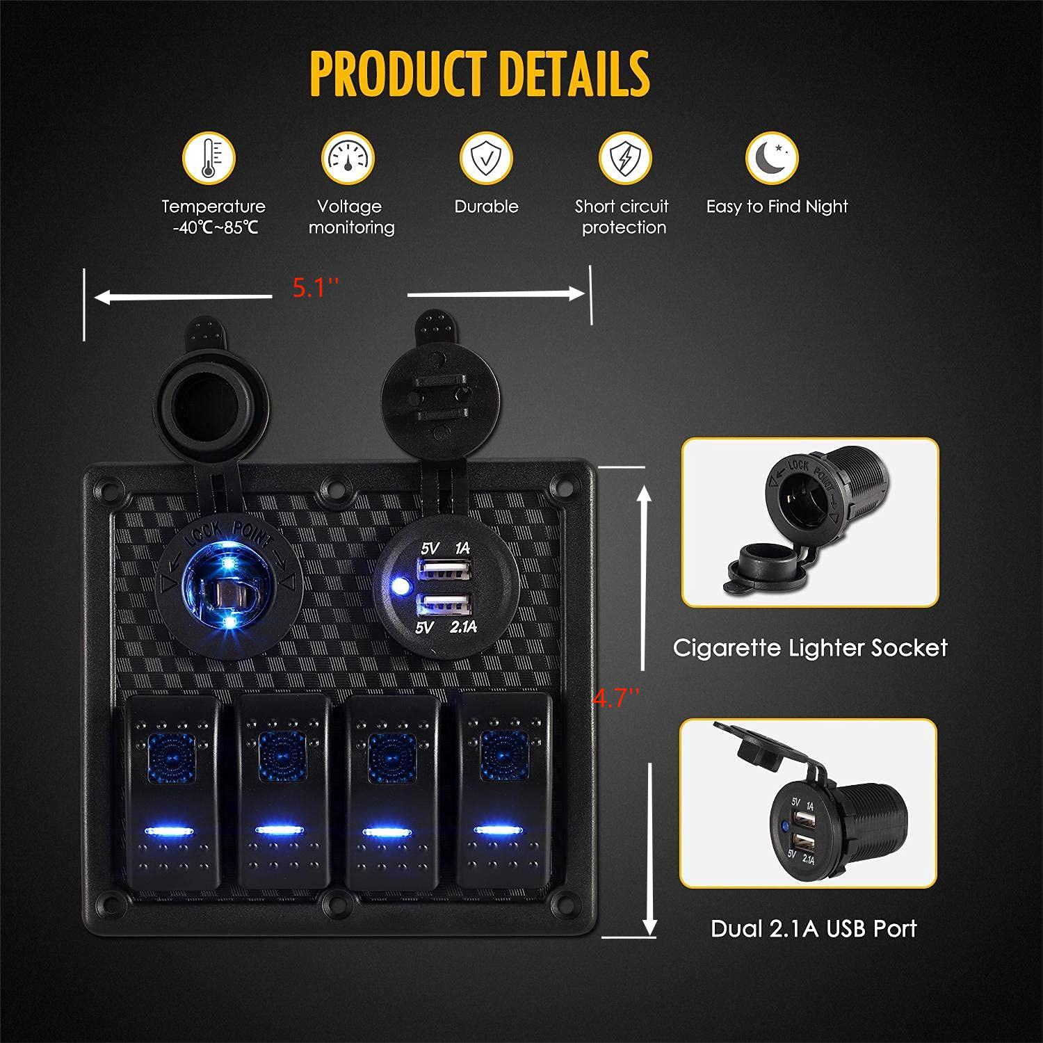 4 Gang Waterproof Marine Boat Rocker Switch Panel Toggle Switches for Car Rv Kayak Yacht Pontoon Boat Vehicles Truck with Dual USB Slot Socket Cigarette Lighter LED Light