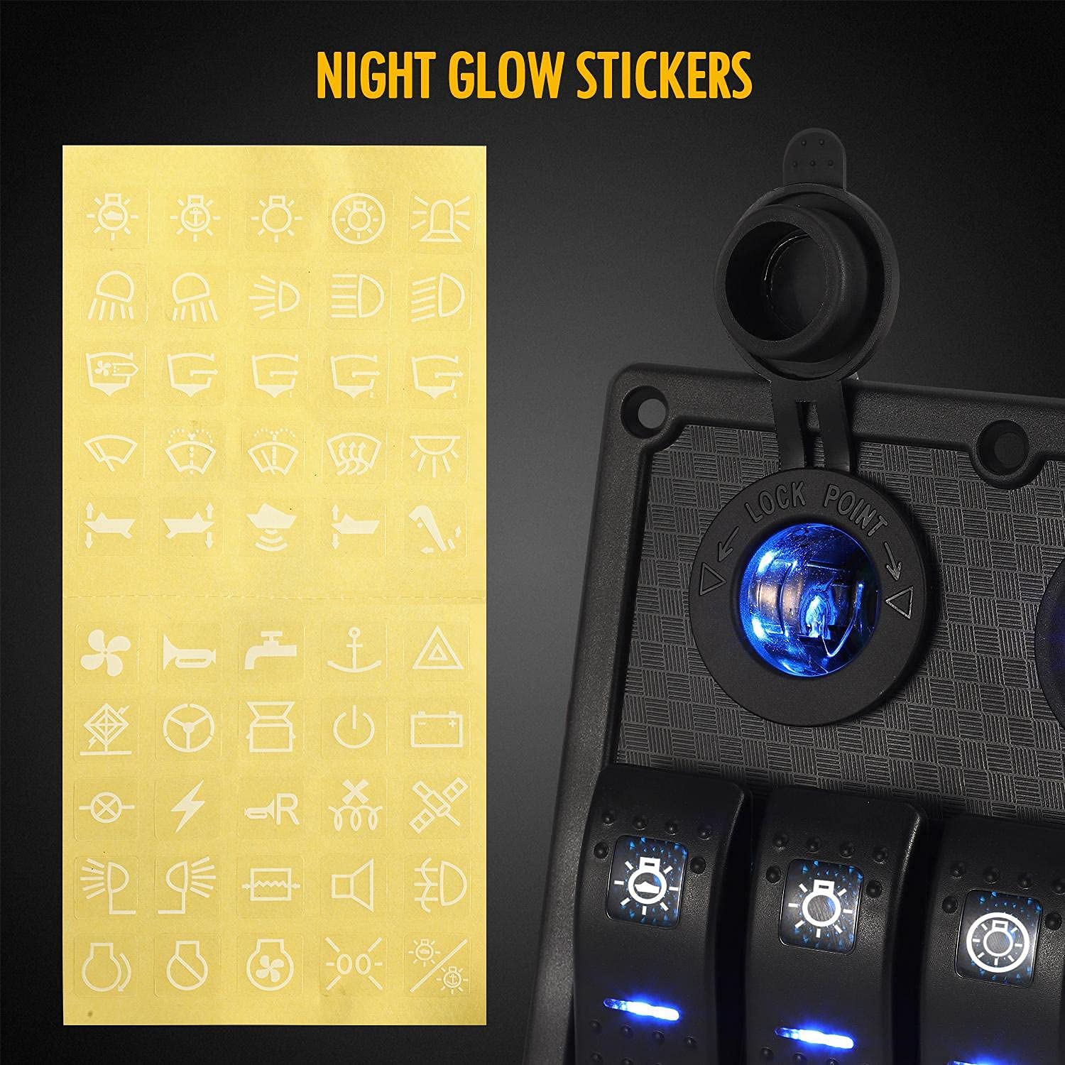 4 Gang Waterproof Marine Boat Rocker Switch Panel Toggle Switches for Car Rv Kayak Yacht Pontoon Boat Vehicles Truck with Dual USB Slot Socket Cigarette Lighter LED Light