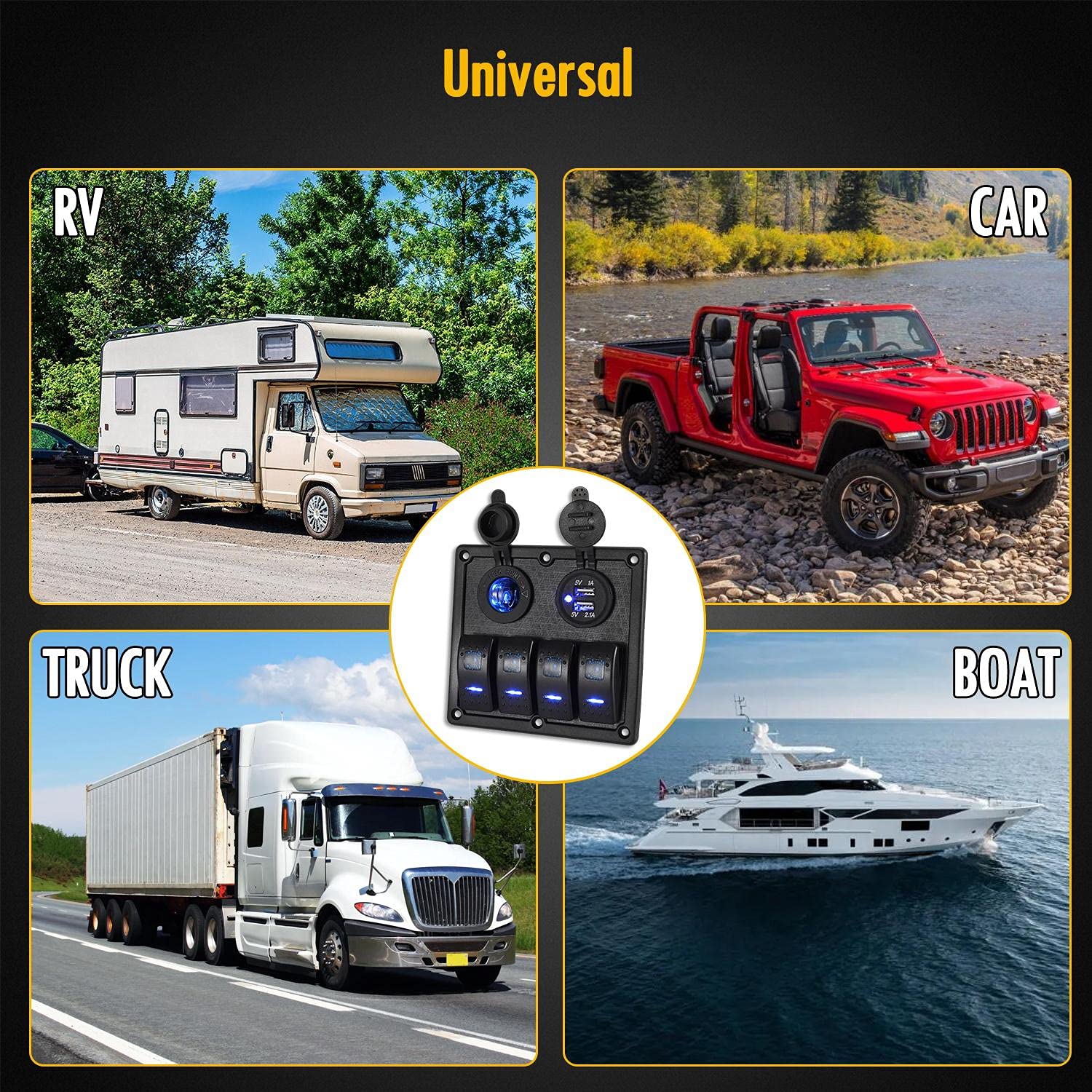 4 Gang Waterproof Marine Boat Rocker Switch Panel Toggle Switches for Car Rv Kayak Yacht Pontoon Boat Vehicles Truck with Dual USB Slot Socket Cigarette Lighter LED Light