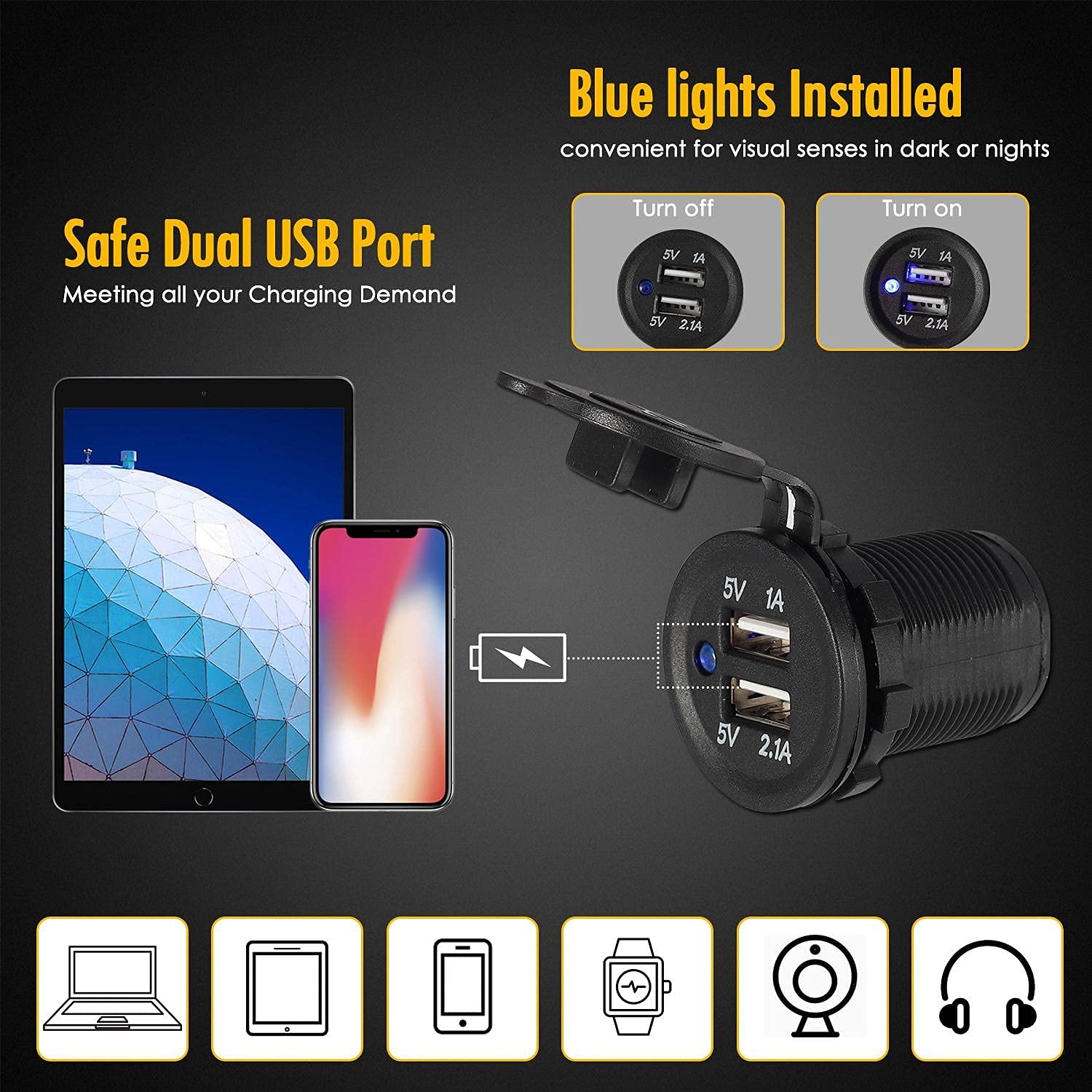 4 Gang Waterproof Marine Boat Rocker Switch Panel Toggle Switches for Car Rv Kayak Yacht Pontoon Boat Vehicles Truck with Dual USB Slot Socket Cigarette Lighter LED Light