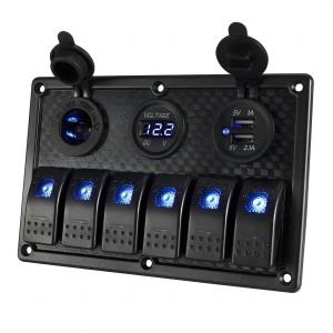 6 Gang Rocker Switch Panel for Car Pontoon Boat RV Scooter Kayak Truck Vehicles, 12V Waterproof LED Lighted Toggle Switches Fuse Breaker Protected Control with 12 Volt Marine USB Power Outlet