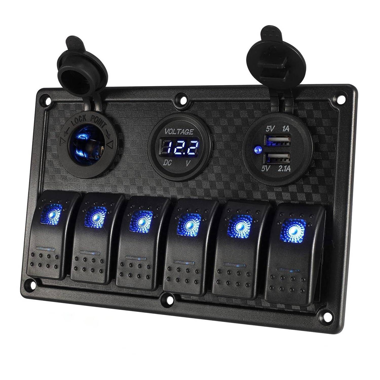 6 Gang Rocker Switch Panel for Car Pontoon Boat RV Scooter Kayak Truck Vehicles, 12V Waterproof LED Lighted Toggle Switches Fuse Breaker Protected Control with 12 Volt Marine USB Power Outlet