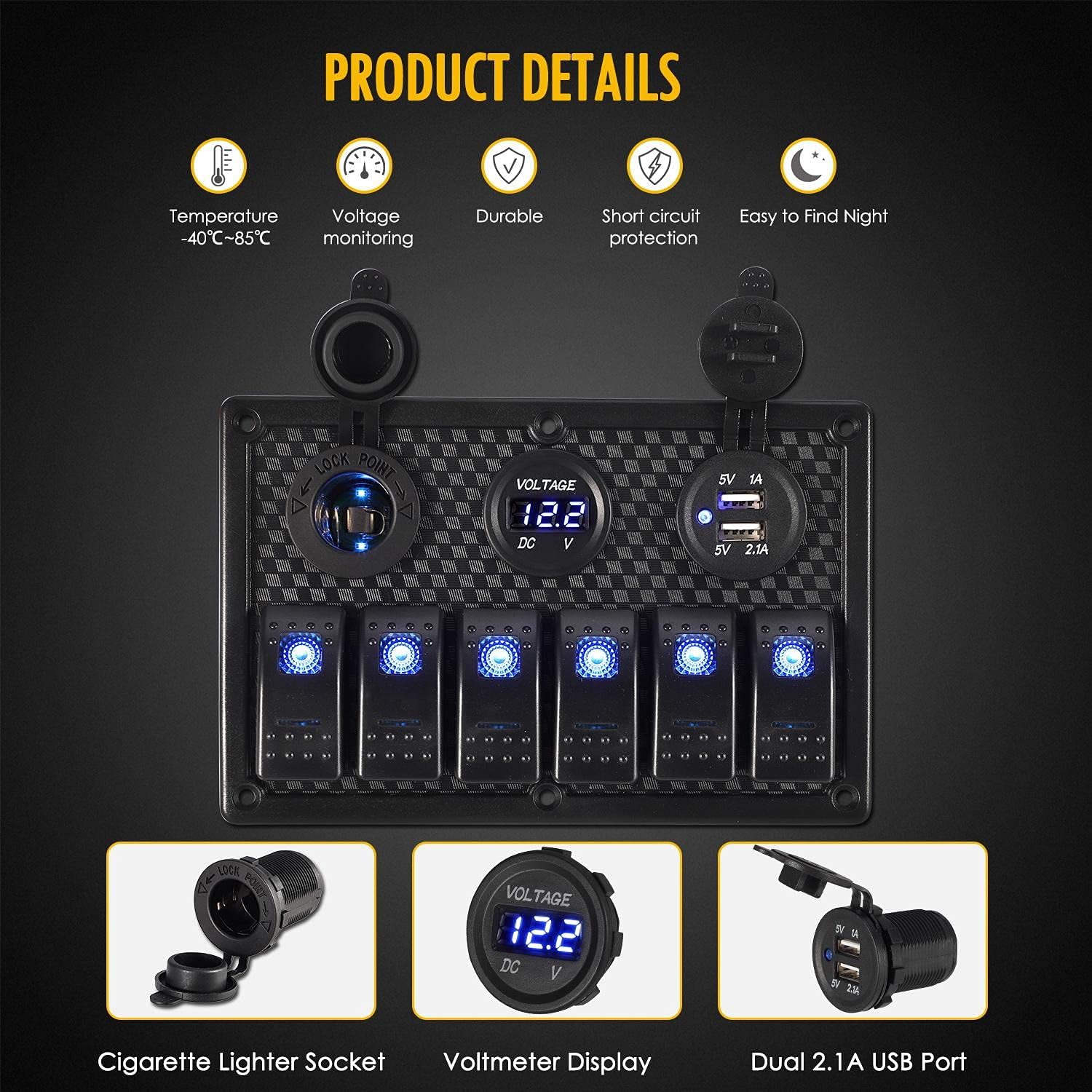 6 Gang Rocker Switch Panel for Car Pontoon Boat RV Scooter Kayak Truck Vehicles, 12V Waterproof LED Lighted Toggle Switches Fuse Breaker Protected Control with 12 Volt Marine USB Power Outlet