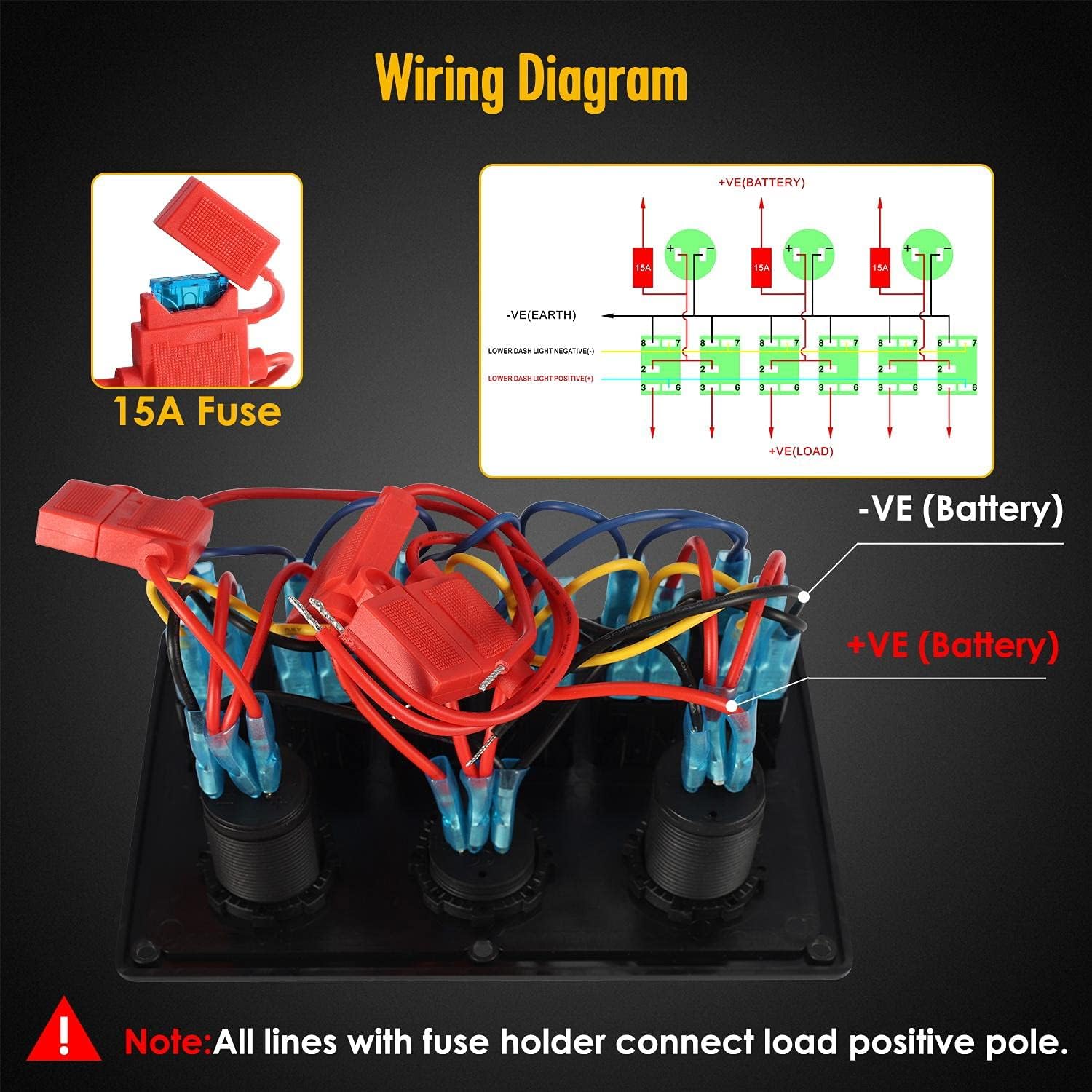 6 Gang Rocker Switch Panel for Car Pontoon Boat RV Scooter Kayak Truck Vehicles, 12V Waterproof LED Lighted Toggle Switches Fuse Breaker Protected Control with 12 Volt Marine USB Power Outlet