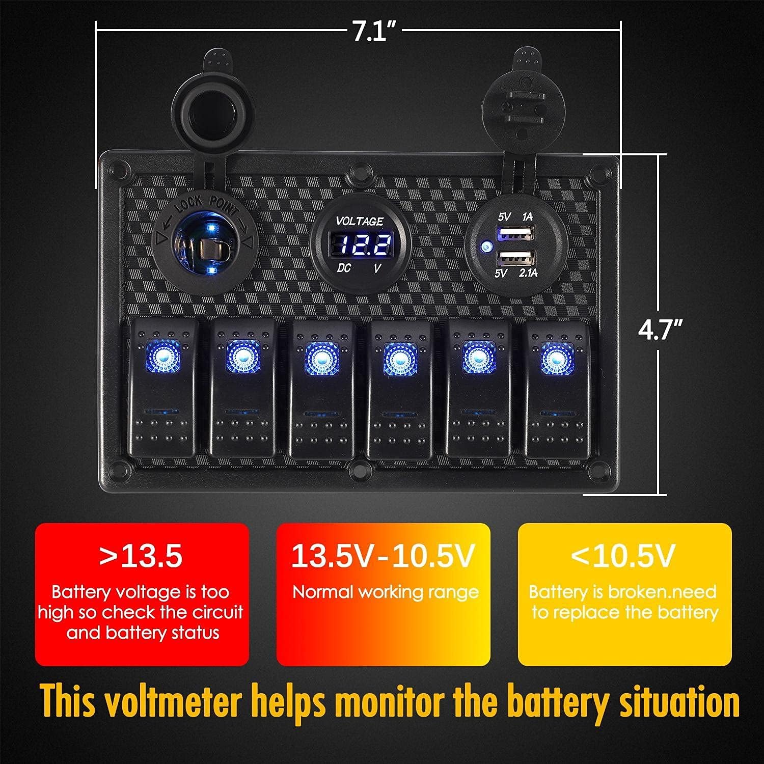 6 Gang Rocker Switch Panel for Car Pontoon Boat RV Scooter Kayak Truck Vehicles, 12V Waterproof LED Lighted Toggle Switches Fuse Breaker Protected Control with 12 Volt Marine USB Power Outlet