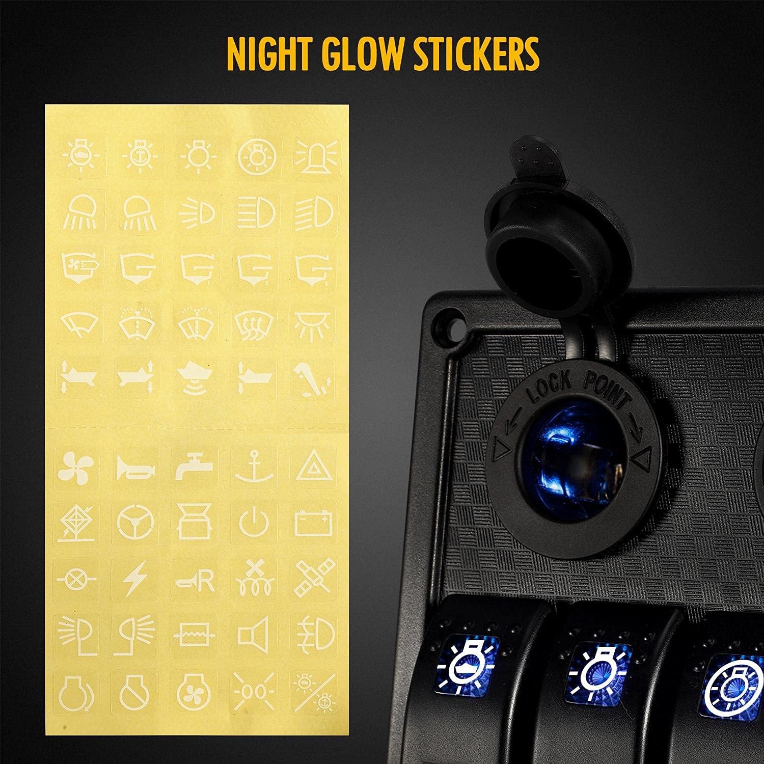 6 Gang Rocker Switch Panel for Car Pontoon Boat RV Scooter Kayak Truck Vehicles, 12V Waterproof LED Lighted Toggle Switches Fuse Breaker Protected Control with 12 Volt Marine USB Power Outlet