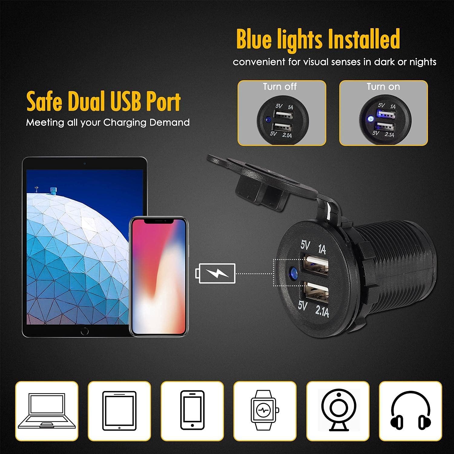 6 Gang Rocker Switch Panel for Car Pontoon Boat RV Scooter Kayak Truck Vehicles, 12V Waterproof LED Lighted Toggle Switches Fuse Breaker Protected Control with 12 Volt Marine USB Power Outlet