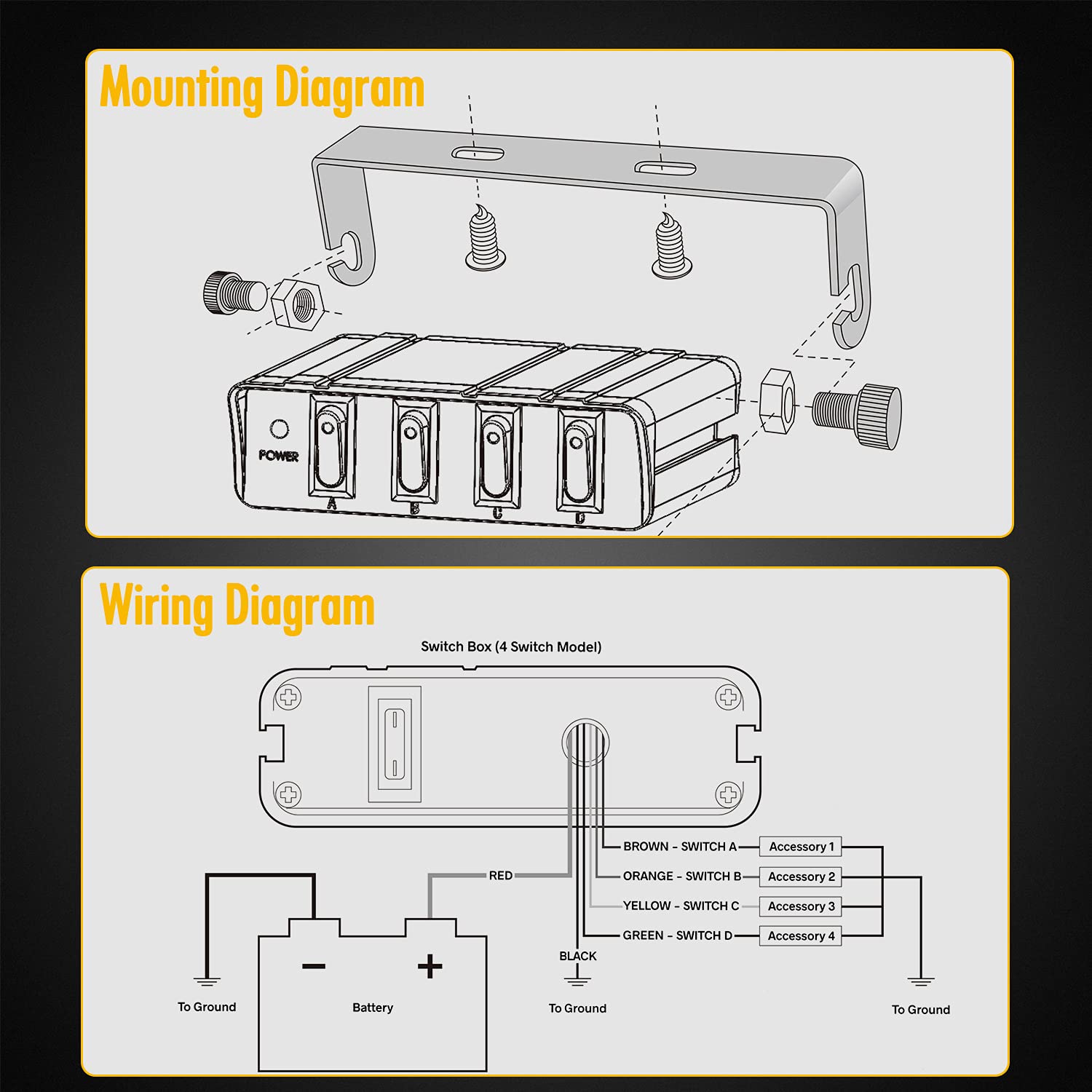 4 Gang Rocker Switch Box SPST Toggle Switch Panel for Automotive Cars Truck Vehicles Kayak Pontoon Boat RVs Campers SUV 12V 24V 20A dc Switch Panel 60Amp Max