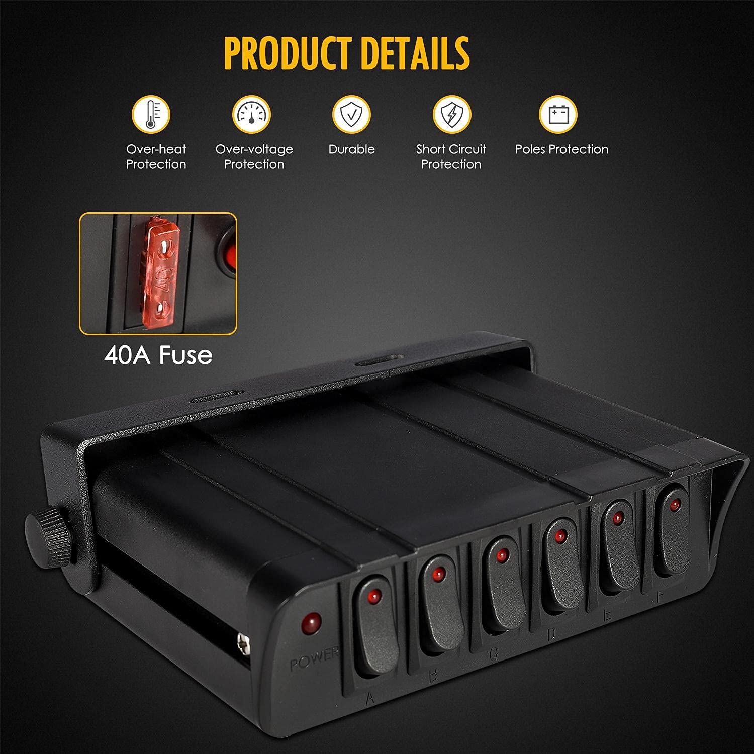 6 Gang Rocker Switch Box 60 Amp Max 12 AWG Wires 12/24 Volt DC Switch SPST On/Off Rocker Toggle Switch Panel for Auto Automotive Light Bar Car Marine Boat Truck Kayak Pontoon Boat Vehicles