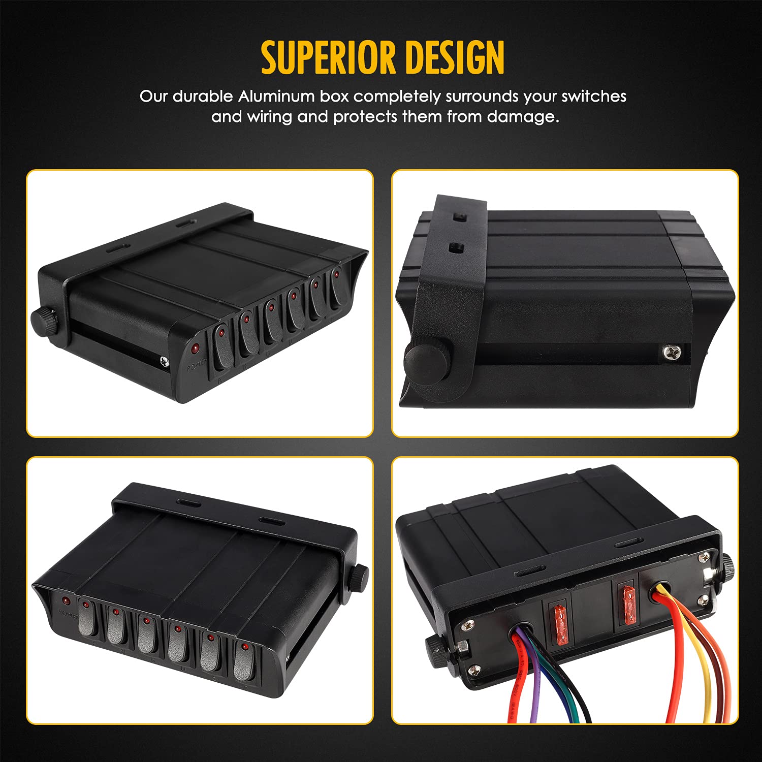 6 Gang Rocker Switch Box 60 Amp Max 12 AWG Wires 12/24 Volt DC Switch SPST On/Off Rocker Toggle Switch Panel for Auto Automotive Light Bar Car Marine Boat Truck Kayak Pontoon Boat Vehicles