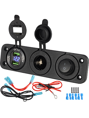 4 in 1 ON/OFF Charger Socket Panel Dual USB Socket Power Outlet & LED Voltmeter &Cigarette Lighter Socket& LED Lighted ON Off Rocker Toggle Switch for Truck Car Marine Boats RV