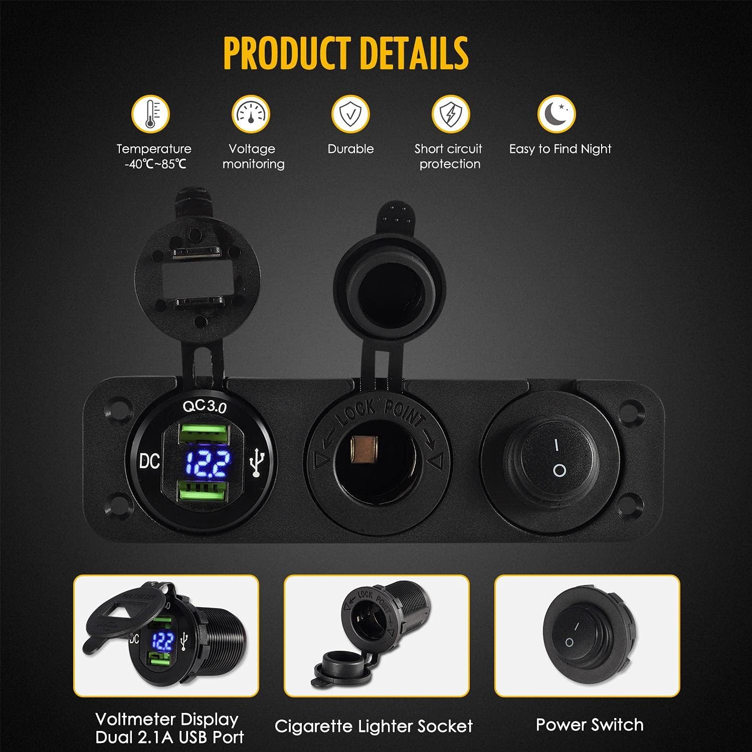4 in 1 ON/OFF Charger Socket Panel Dual USB Socket Power Outlet & LED Voltmeter &Cigarette Lighter Socket& LED Lighted ON Off Rocker Toggle Switch for Truck Car Marine Boats RV