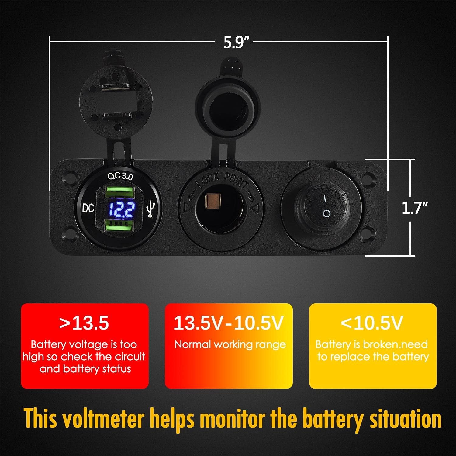 4 in 1 ON/OFF Charger Socket Panel Dual USB Socket Power Outlet & LED Voltmeter &Cigarette Lighter Socket& LED Lighted ON Off Rocker Toggle Switch for Truck Car Marine Boats RV