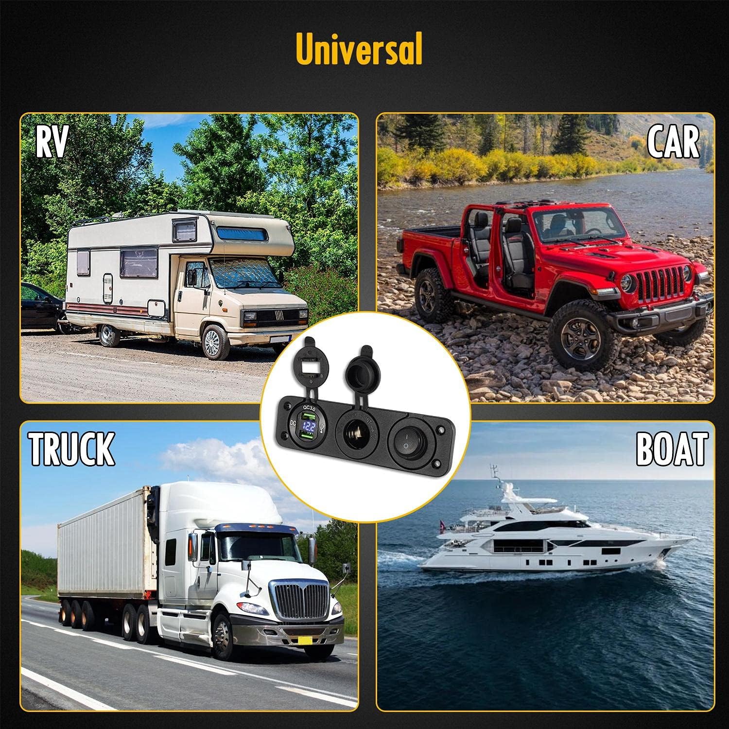 4 in 1 ON/OFF Charger Socket Panel Dual USB Socket Power Outlet & LED Voltmeter &Cigarette Lighter Socket& LED Lighted ON Off Rocker Toggle Switch for Truck Car Marine Boats RV