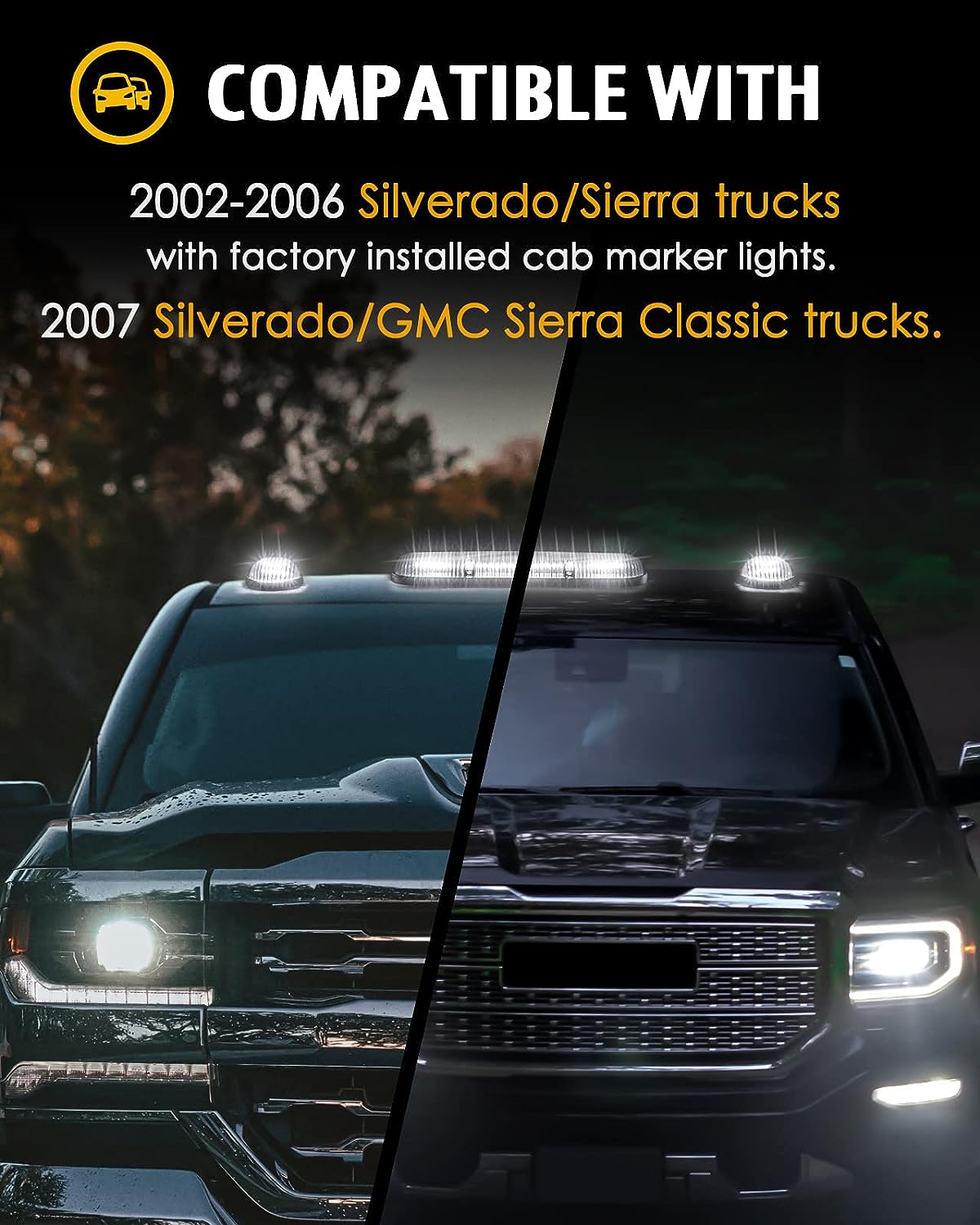 Smoke Cover Lens Cab Marker Roof Running Top Lights Assembly with Silverado/Sierra 1500 1500HD 2500 2500HD 3500 2002-2007 Truck