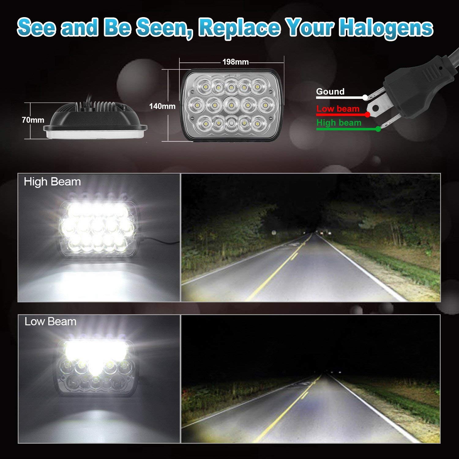 Rectangle H6054 LED Headlights 5x7 7x6 Headlamp Hi/Low Sealed Beam H4 9003 Plug 6054 H5054 Compatible with S10 Blazer Express Van/Wrangler YJ XJ Cherokee Truck Van