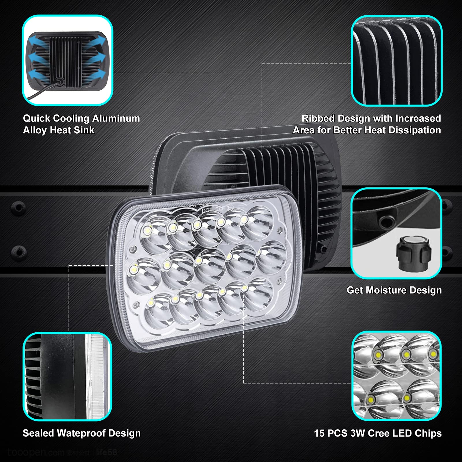 Rectangle H6054 LED Headlights 5x7 7x6 Headlamp Hi/Low Sealed Beam H4 9003 Plug 6054 H5054 Compatible with S10 Blazer Express Van/Wrangler YJ XJ Cherokee Truck Van