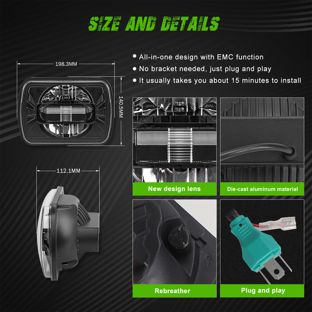 60W H6054 LED Headlights 7x6 5x7 Headlamp Anti-glare Hi/Low Sealed Beam Lights Compatible with Cherokee XJ Wrangler YJ etc