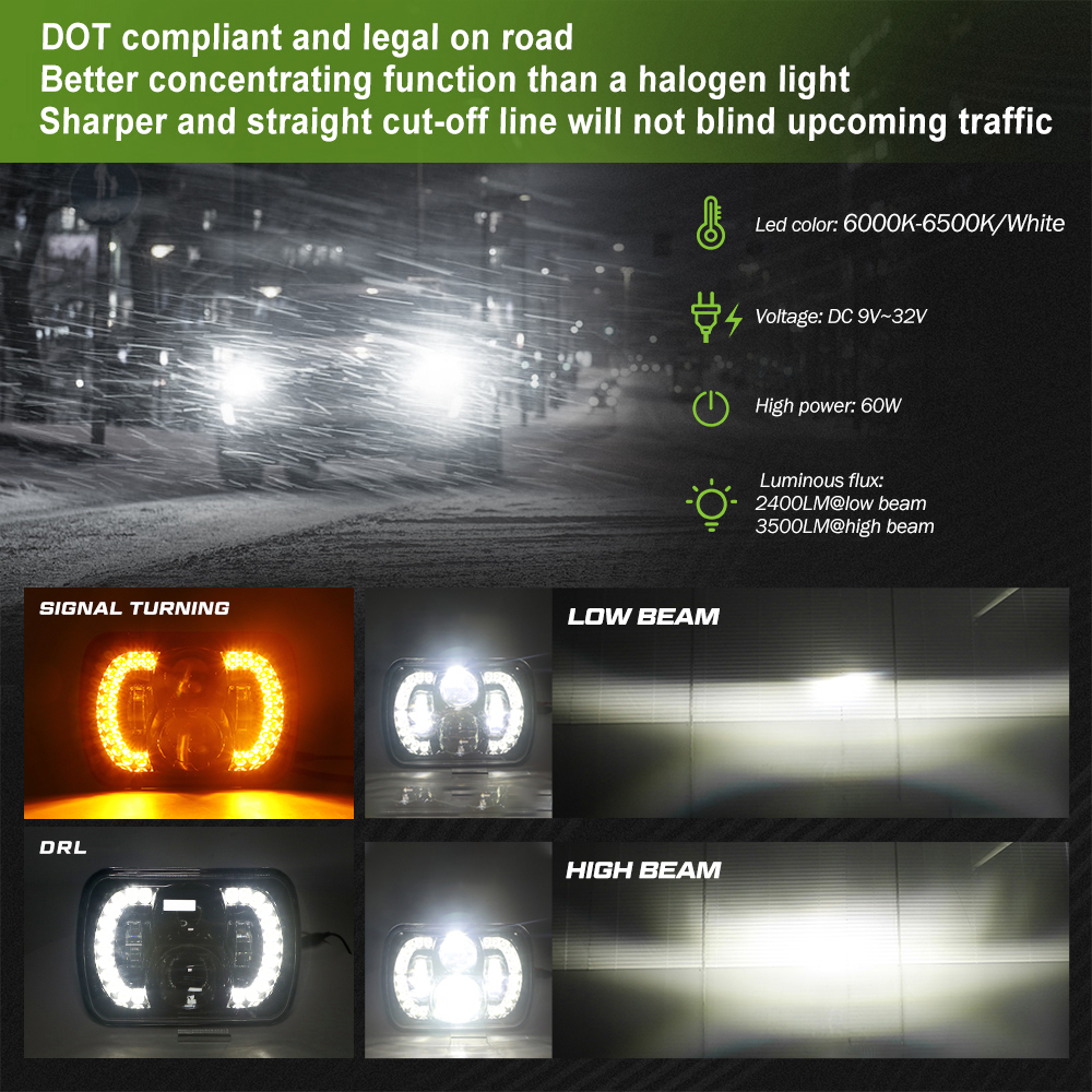 60W Rectangle H6054 LED 7x6 drl  Headlamp Hi/Low Sealed Beam Amber Turn Signal H4 Plug H5054 5X7 Headlight