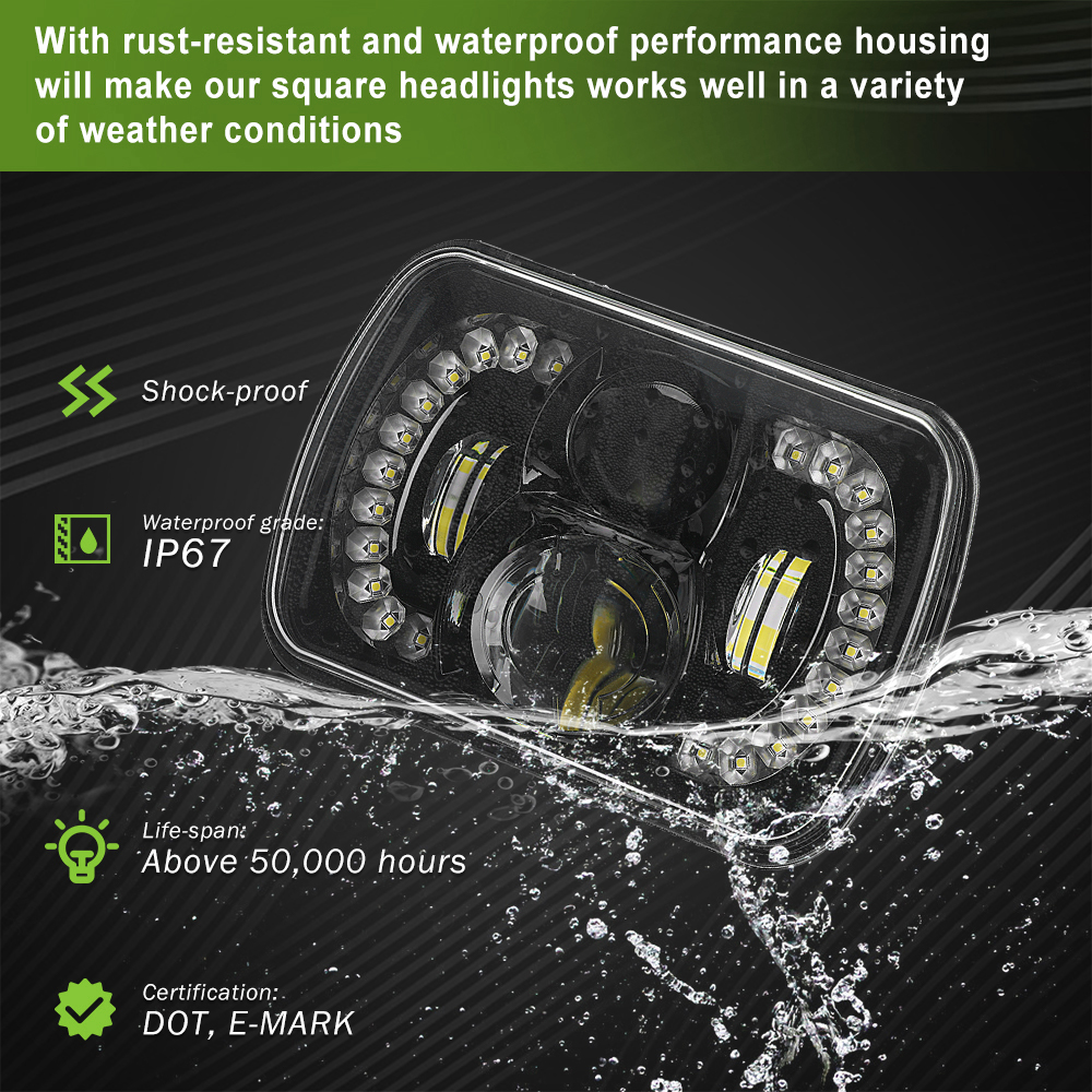 60W Rectangle H6054 LED 7x6 drl  Headlamp Hi/Low Sealed Beam Amber Turn Signal H4 Plug H5054 5X7 Headlight