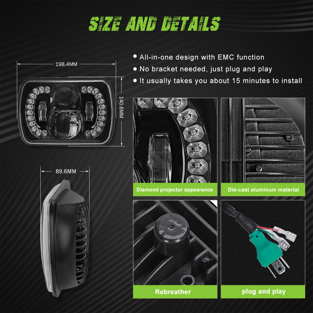 60W Rectangle H6054 LED 7x6 drl  Headlamp Hi/Low Sealed Beam Amber Turn Signal H4 Plug H5054 5X7 Headlight