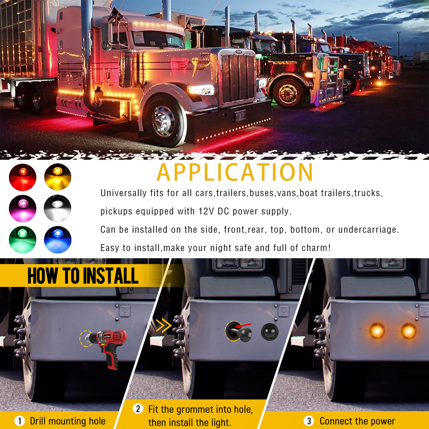 3/4" Smoked Mini Round Trailer Side Marker Indicator Lights Clearance Button Signal Lamps Universal for Trucks Lorry Boat Pickup Bus Caravan RV Waterproof Sealed Bulbs 12V DC